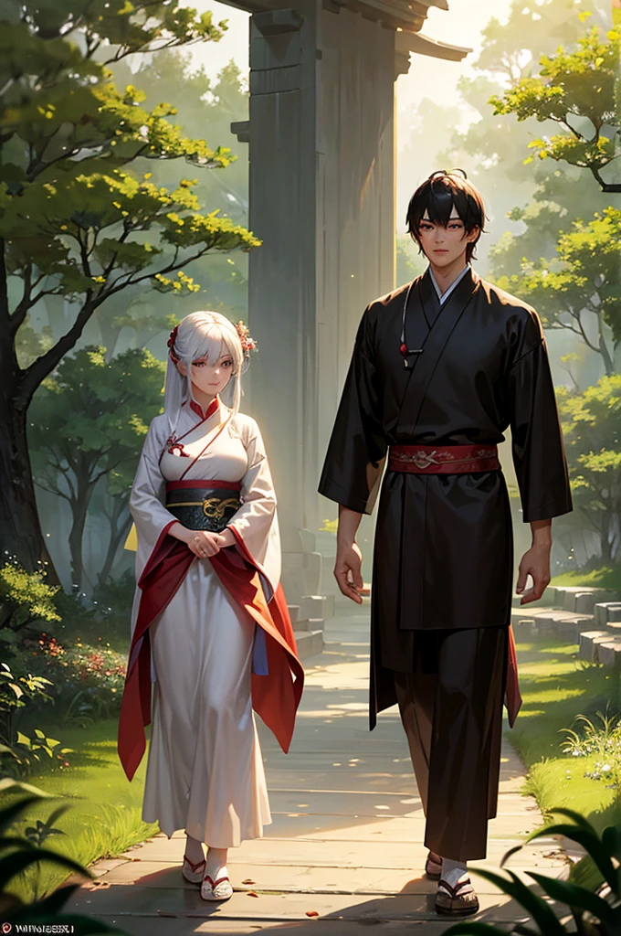 A young couple walking through a misty forest at dawn. The man wears simple, modest attire in earthy tones, while the beautiful young woman is dressed in an elegant white hanfu with delicate red accents, befitting a noble lady. They are engaged in conversation as they stroll side by side along a narrow forest path. Soft morning light filters through the trees, creating a dreamy atmosphere. The scene is set in a traditional wuxia-style world, with ancient Chinese aesthetics. Highly detailed, soft lighting, realistic proportions, and natural poses. Capture the serenity of the early morning and the subtle intimacy between the characters.