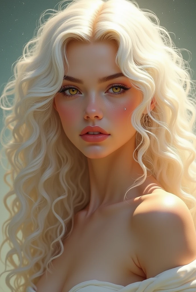 Create a portrait of Gabriels, an androgynous and ethereal figure. He has long, platinum curly hair that cascades gracefully. His toned body and silky smooth skin enhance his divine, otherworldly beauty. Gabriels’ striking gold eyes are both captivating and intense. A beauty mark is placed on the right side, just below his lip. His appearance combines traditionally feminine features with a regal, commanding presence, conveying both majesty and grace. The background should be celestial or divine to highlight his celestial nature.