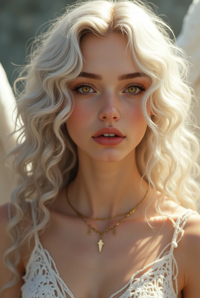 (thin waist), kmzW3 girl, looking at viewer, golden hair, green eyes, nude, skirt, bead necklace, flying, cleavage, Ultra-realistic 8K CG, masterpiece, ((sky background, delicate pattern, intricate details)), best quality, intricate details, 5girl, dim lighting