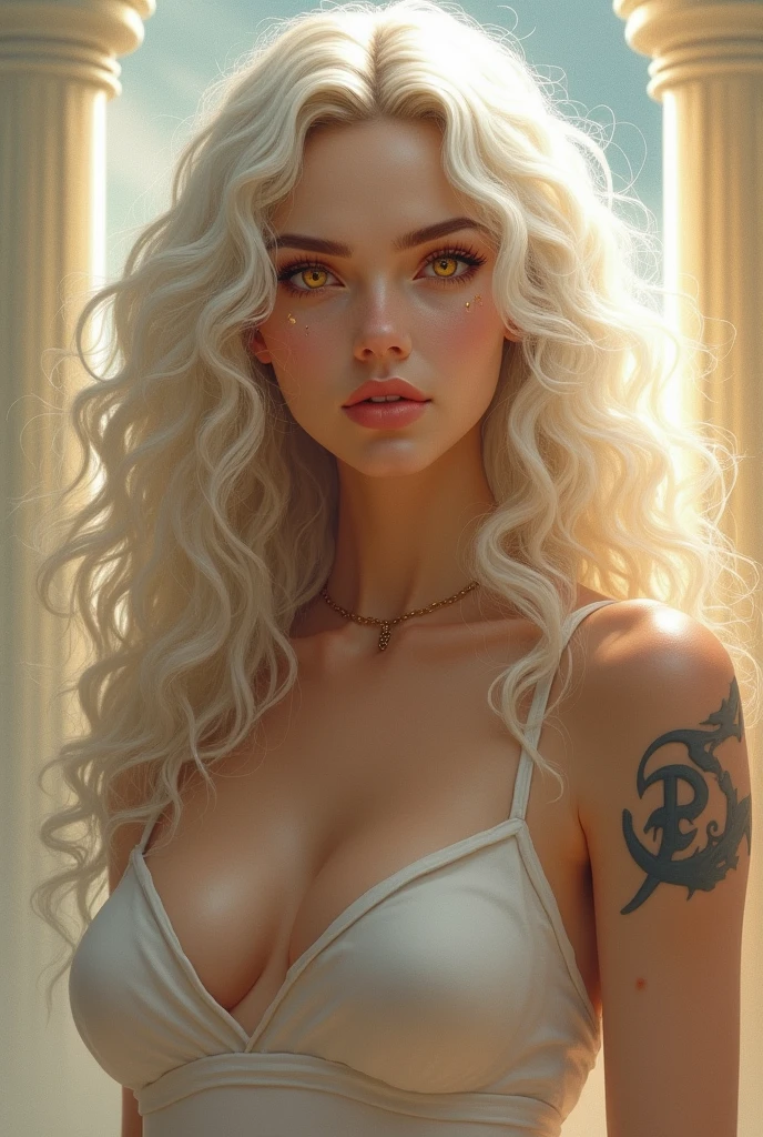Create a portrait of Gabriels, an androgynous and ethereal figure. He has long, platinum curly hair that cascades gracefully. His toned body and silky smooth skin enhance his divine, otherworldly beauty. Gabriels’ striking gold eyes are both captivating and intense. A beauty mark is placed on the right side, just below his lip. His appearance combines traditionally feminine features with a regal, commanding presence, conveying both majesty and grace. The background should be celestial or divine to highlight his celestial nature.