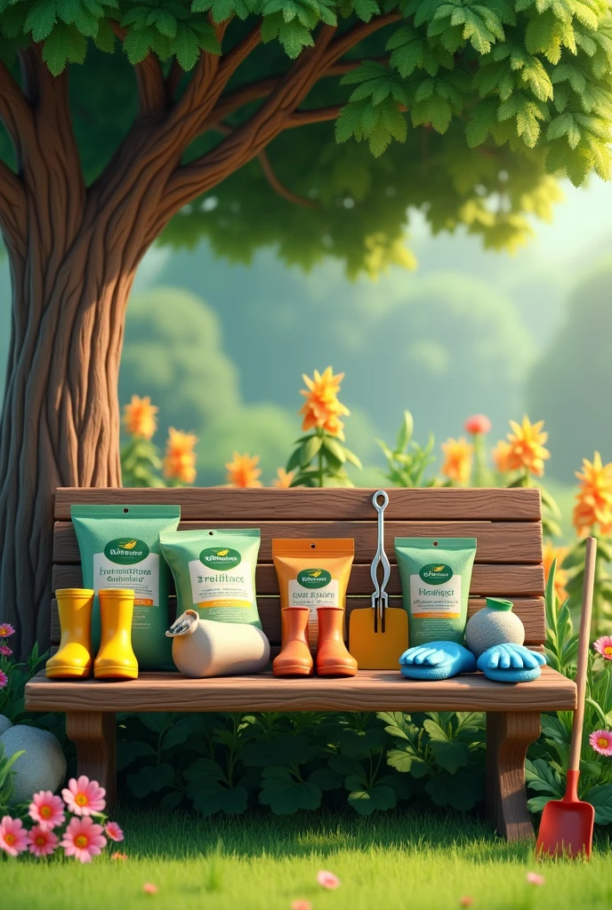 There are 3 packets of fertilizer and a pair of yellow garden rubber shoes and silver flower tree cutting scissors and a pair of blue rubber gloves on a wooden bench under a big tree, there is a broom and also a grass scraper leaning on the edge of the bench, 3D Style with the background of a flower garden