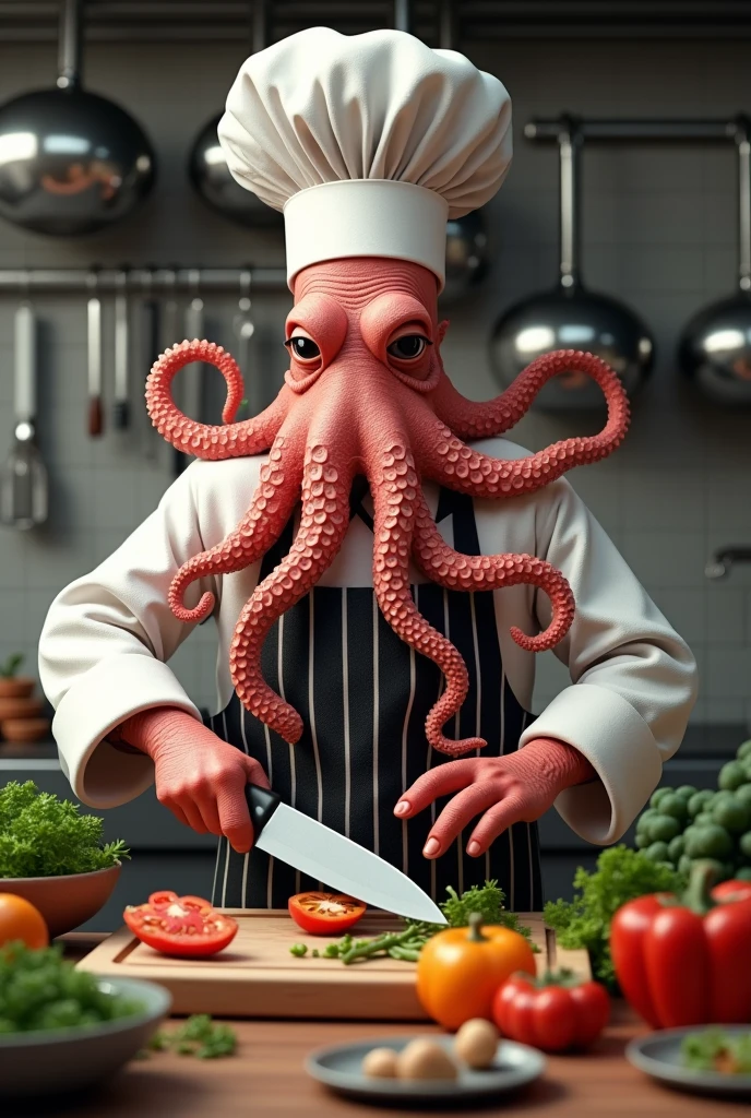 A octopus wearing a chief uniform and with a  beard hanging knife and cutting vegitables in the kitchen 