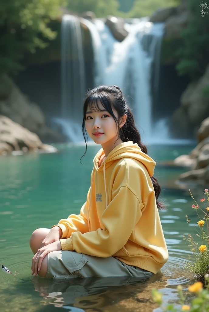 Beautiful Korean girl, white skin, well-groomed face, black hair in a ponytail, thin smile, yellow hoodie, knee-length cargo pants, posing sitting soaking in very clear river water, fish swimming, small stones, small yellow flowers, water background very beautiful waterfall, original photo