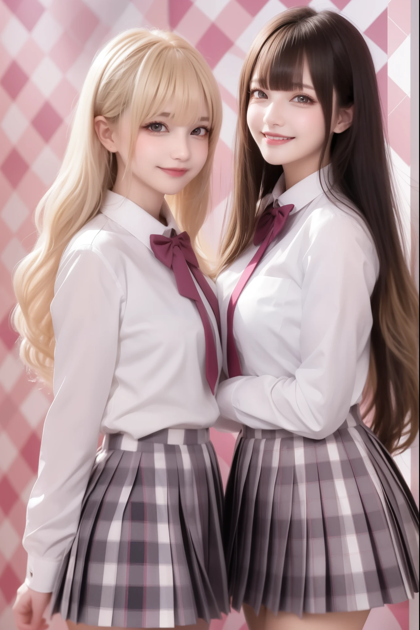 ((from front)),high resolution,smile,happy,light smile,2 women,adult,
自撮りで2 women,
((two girl females)), ((jaw piece)), Clear,cute,
blunt bangs,ash blonde hair, wavy hair, long hair ,BREAK,
Gray Eyes,Sparkling Eyes,BREAK,
high school girl,uniform,
White shirt,Pink checkered pleated skirt,BREAK,
((Pink cafe background)),