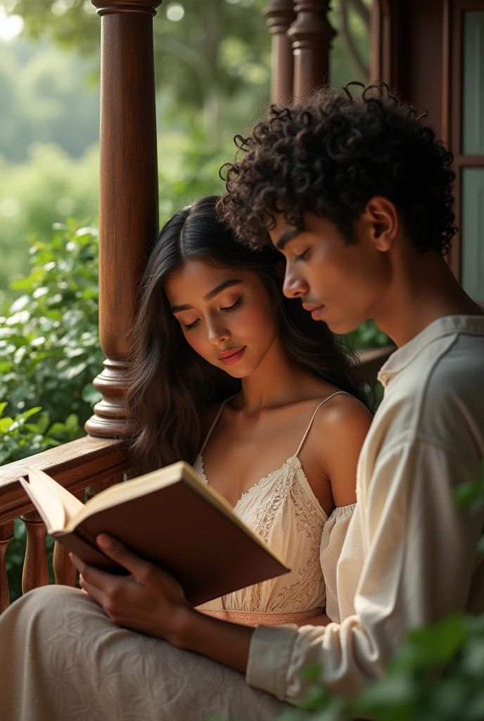 (photorealism:1.2), a brown girl of 17 reading a book in a verandah and a boy of same age with curly hair looking at her lovingly