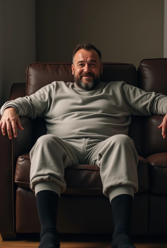 average middle aged Finnish man, sitting on a dark brown couch with feet on the floor and open thighs, spread out arms in a relaxed position on the backrest, slightly embarrassed soft smile, short brown hair with Turkish style haircut, short chinstrap beard, wearing light gray sweatpants and a sweatshirt with black socks