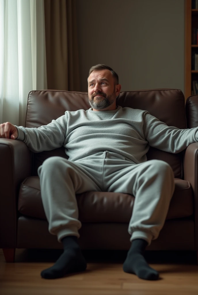 average middle aged Finnish man, sitting on a dark brown couch with feet on the floor and open thighs, spread out arms in a relaxed position on the backrest, slightly embarrassed soft smile, short brown hair with Turkish style haircut, short chinstrap beard, wearing light gray sweatpants and a sweatshirt with black socks
