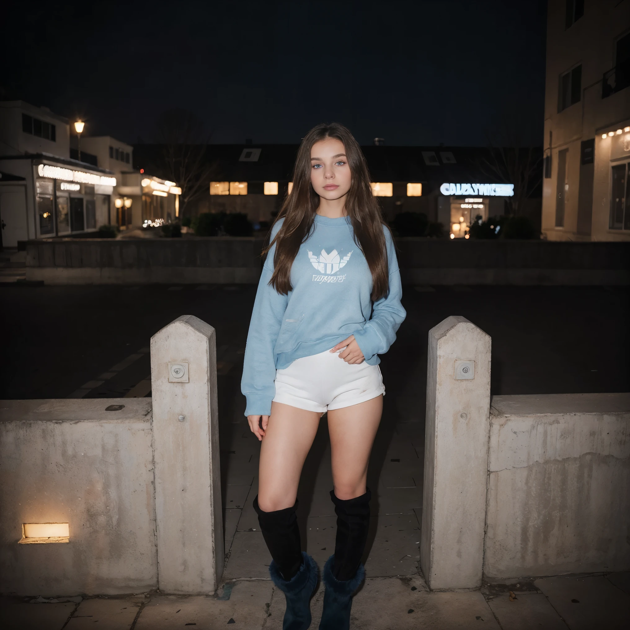 ombré brunette balayage hair, beautiful blue eyes, off-white sweatshirt, seamless black leggings, black leggings, fuzzy faux fur boots, ugg style boots, Ukraine night city background, full body portrait, raw photo.