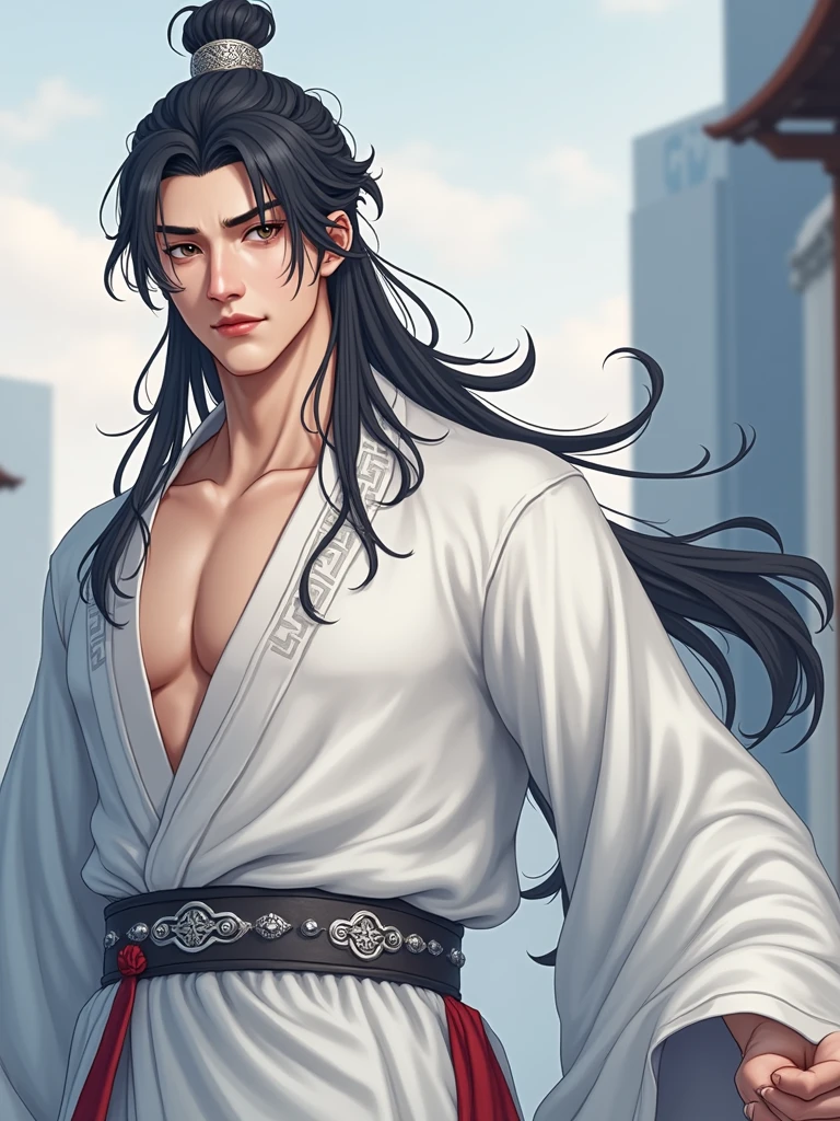 （male character design），，（Close-up of front view of melancholy handsome Chinese man Pan An），（Pan An wears modern and fashionable men&#39;s suits:1.3），Pan An’s skin is fair and flawless,，The bridge of his nose is high and straight，(long, Messy shawl hair：1.1），double eyelids, Bright Eyes, Big clear and bright eyes，sad prince，Food with red lips and white teeth，gentle melancholy，Pan An is tall and tall.，He has a strong physique，Toned muscles，Fresh and toned abs, His exquisite facial features，Kingly style，Noble temperament wearing a white robe with silver ornaments, messy black hair, Wind magic, background:modern urban