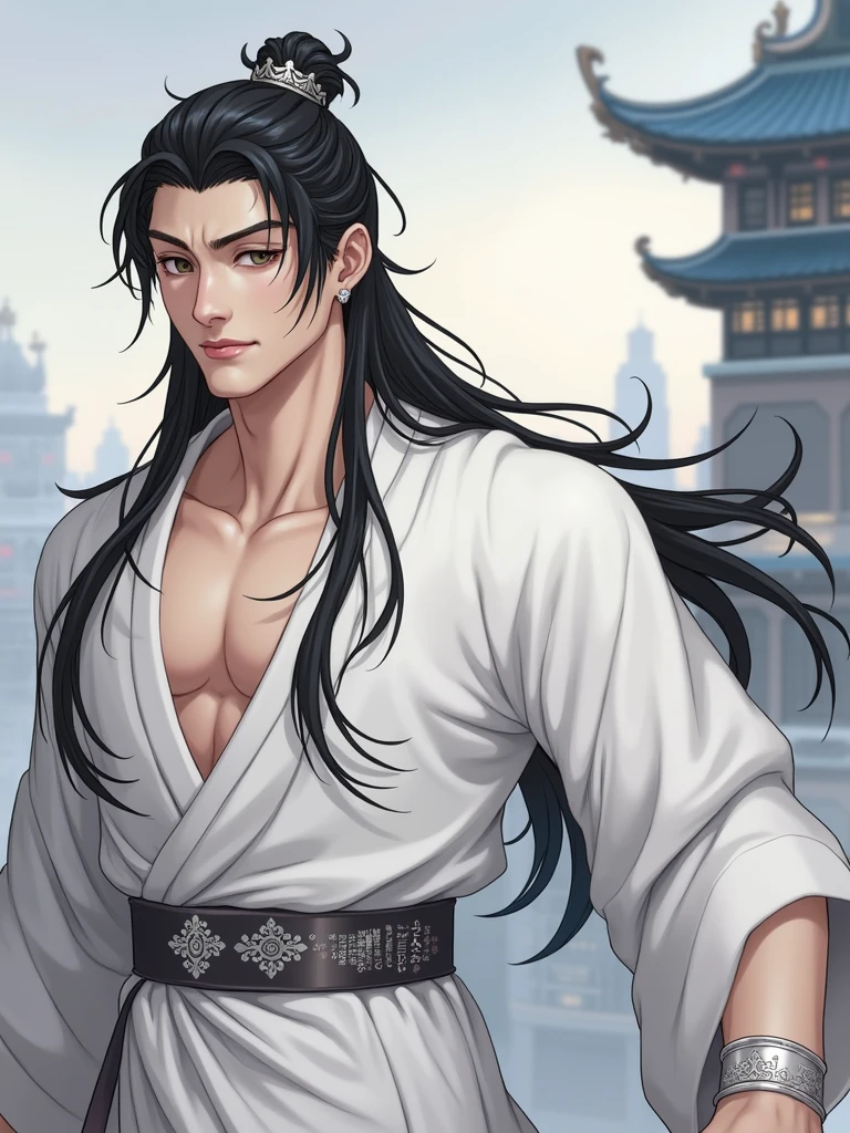 （male character design），，（Close-up of front view of melancholy handsome Chinese man Pan An），（Pan An wears modern and fashionable men&#39;s suits:1.3），Pan An’s skin is fair and flawless,，The bridge of his nose is high and straight，(long, Messy shawl hair：1.1），double eyelids, Bright Eyes, Big clear and bright eyes，sad prince，Food with red lips and white teeth，gentle melancholy，Pan An is tall and tall.，He has a strong physique，Toned muscles，Fresh and toned abs, His exquisite facial features，Kingly style，Noble temperament wearing a white robe with silver ornaments, messy black hair, Wind magic, background:modern urban