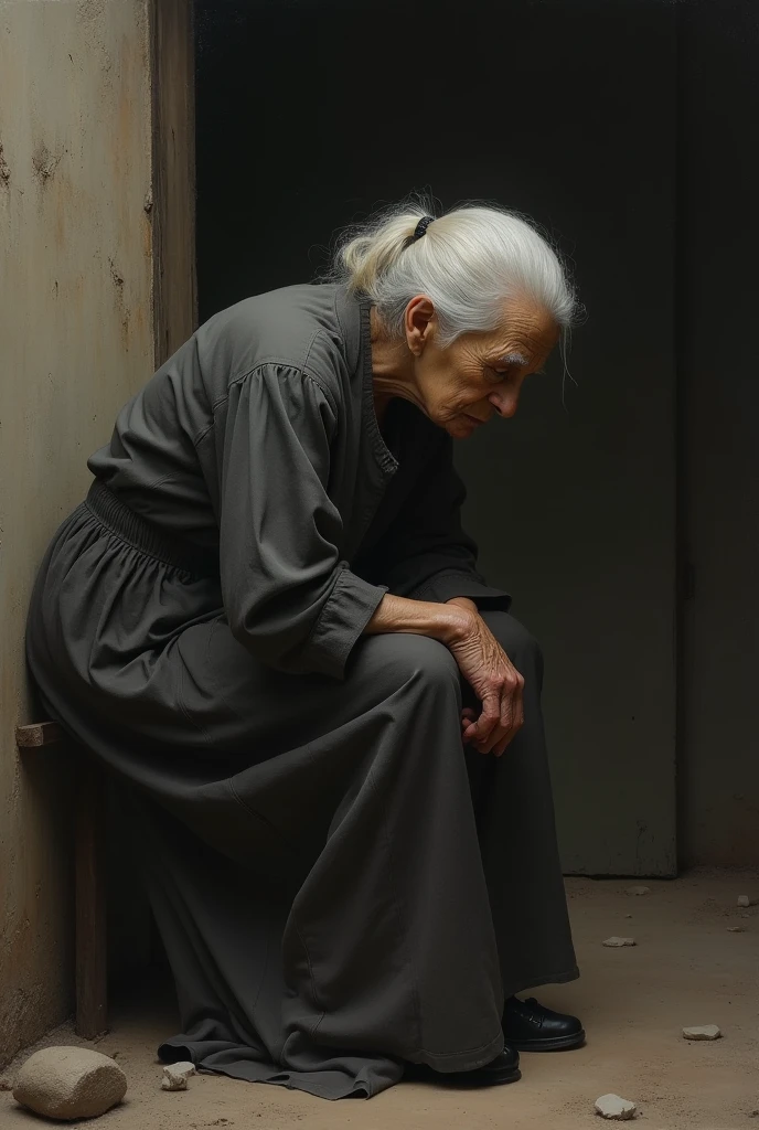 Draw me a grandmother with her back bent in sorrow.
