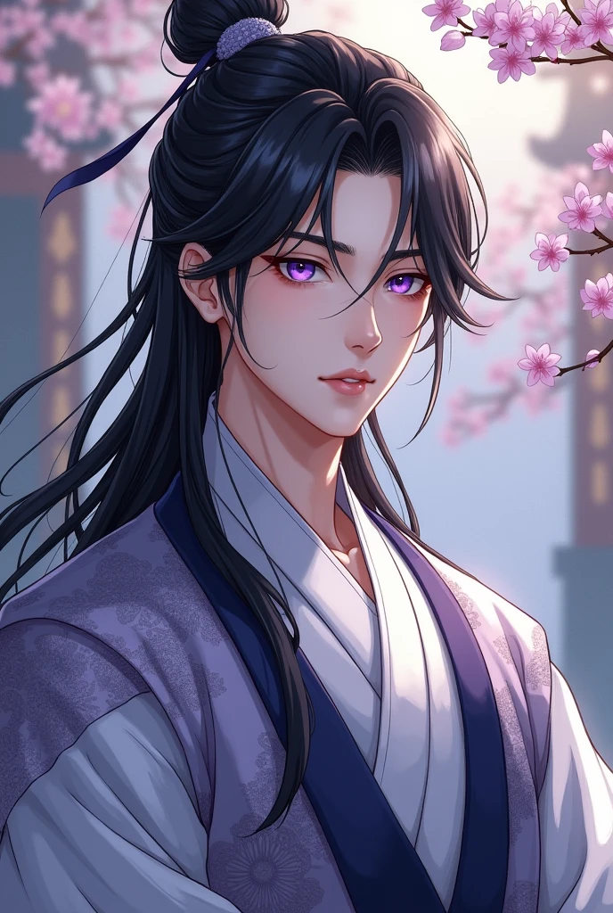 Martial arts world, long black hair,  purple eyes, white skin, handsome man, Orientalism, Oriental style clothes, neat and clean, Like a novel illustration, boyish, 1boy, beautiful character drawings, guweiz, artwork in the style of guweiz,epic exquisite character art, stunning character art, by Fan Qi, by Wuzhun Shifan, guweiz on pixiv
