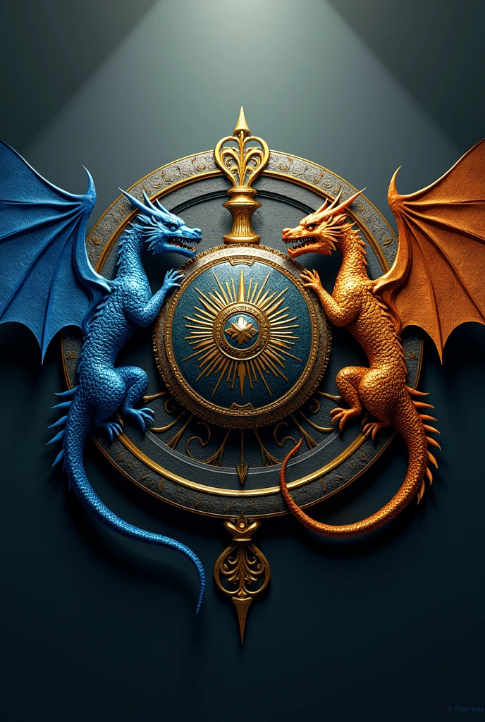 A 3D render of a royal emblem with a regal, circular design. The emblem is intricately decorated and takes center stage. Two guardian dragons, one with a blue gradient and the other with golden hues, flank the design. Their outstretched wings shimmer with detail, and their noble gazes command attention. The phrase "Malaika" is inscribed in an ornate font. The atmosphere is royal, commanding, and filled with an enigmatic allure.