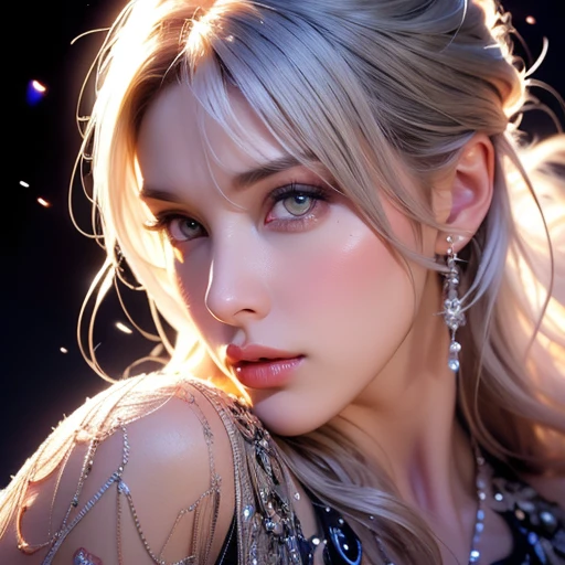 (extremely detailed CG unity 8k wallpaper, masterpiece, best quality, ultra-detailed, best shadow), (masterpiece:1.2, best quality), high res, very detail, ultra-high resolution, ultra-high quality, (realistic:1.2), 1 girl, detailed face, beautiful eyes, (finely detailed beautiful eyes: 1.2), (beautiful detailed face, beautiful detailed eyes), High contrast, (best illumination, an extremely delicate and beautiful), (detailed background), ((colorful paint splashes on transparent background, Dulux)), beautiful detailed glow, dynamic angle, full body from 1 girl's head to her thighs, cowboy shot of female model 1 girl, white hair, purple eyes, lotus flower, glowing, in the night sky, full of stars,