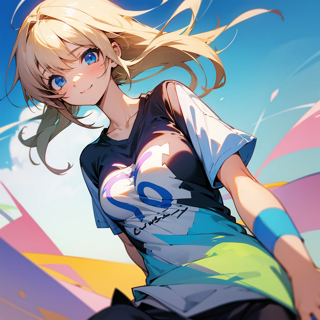 Imagine a cute anime girl who is wearing t shirt and pants and medium size boobs