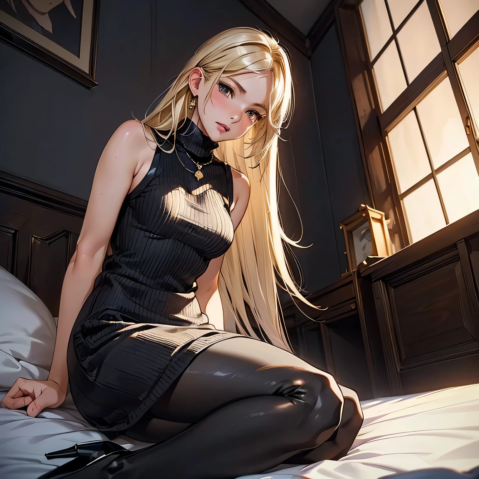 #Basics A girl is posing for a photo, Japanese cartoonsのかわいい, (((A girl, baby face, Young Girls, ))),
rest
#Clothing and Accessories
((Black Sleeveless Turtleneck Knit Sweater Dress:1.4, Shiny transparent black pantyhose, shiny black high heels)),
Gold ring earrings, Fancy necklace,
rest
#feature
((bionde:1.4), (Bangs that reveal the forehead:1.4 (Long hair : Long hair + Fuller, Hair is thicker)),
(Close your eyes, ), (Small Breasts)(Look up),
rest
#Background
((bedroom)),
#Facial expression posture
(Close your eyes,Open your mouth, blush), (Sitting on the bed, Place your right hand on your leg, Left hand touching lips)),Open your mouth
#work
((Facing the camera, From the front angle, Cowboy shooting:1.4)),
rest
#Body parts elements
(Fine hair, Beautiful hair, Shiny hair),
(Double eyelids, Long eyelashes),
(Human ear),
(Beautiful nose, Thin nose),
(Glossy lips, Beautiful lips, thick lips, Glossy lips, Natural cheeks),
(Delicate face, Symmetrical facial features),
(Delicate skin, Textured Skin, Beautiful Skin, Glowing skin),
rest
#quality
(((best quality)), ((masterpiece)), ((Very detailed))), ((high resolution), (16K,1080P)),
(Practical), (Anatomically correct),
((comics, Japanese cartoons)), (3dcg), CG Illustrations,