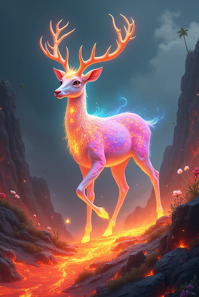 Wonderful idea, Chinese painting ((ink wash style)), a sacred seven color fairy deer ((emitting aurora colored light all over its body)),walking on the magma of volcanic eruptions, with flowers and plants growing inside the magma