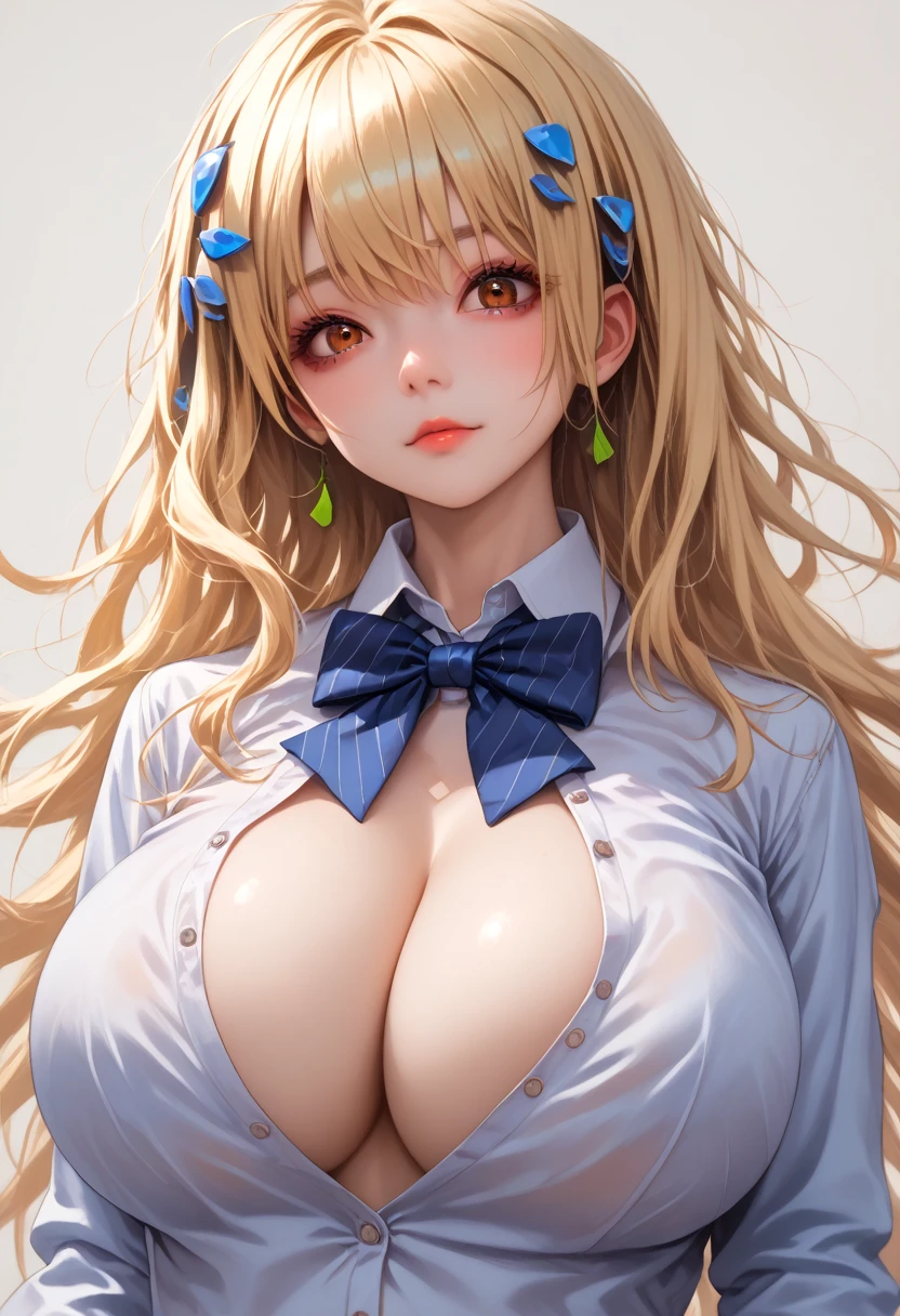 1girl, character: tia (nikke), highres, blonde hair, long hair, looking at viewer, white shirt, huge breasts, cleavage, brown eyes, blue bowtie, collared shirt, hair ornament, absurdres, white background, partially unbuttoned, large breasts,score_9, score_8_up,score_7_up, masterpiece, best quality, perfect anatomy, very aesthetic, 8k