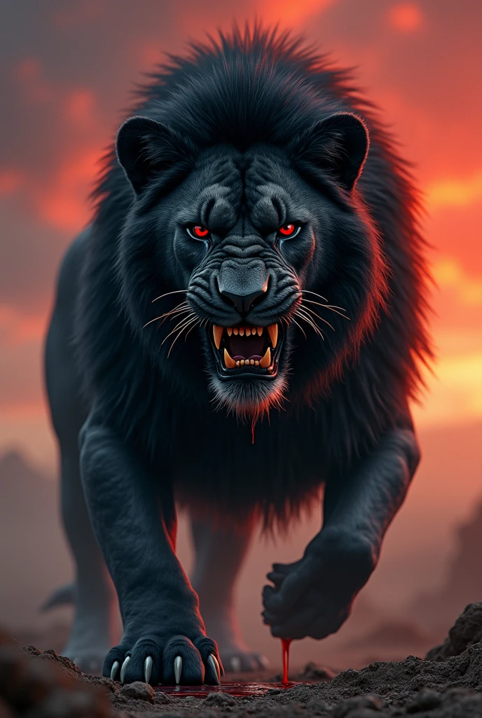 a black lion with angry bloody face
