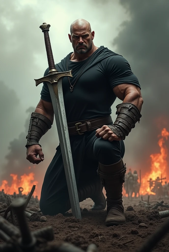 A brave male warrior, he is in a black shirt,well built body, round face, he has no beard or moustache, and he is kneeling on the ground of the battlefield with his long sword stuck in the ground,and he is smiling like a devil