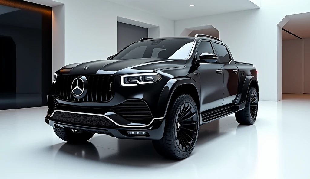 A stunning, futuristic pickup truck(Benz x class pickup truck 2025 ) takes center stage in a luxury white showroom. The vibrant (black) exterior gleams, drawing attention to its sleek, aerodynamic design and bold accents. The pick up truck( Mercedes Benz S-Class pickup truck 2025) " is prominently displayed in large, metallic letters on the pick up truck, set against a dark wall. The ( front upper view) view showcases the cutting-edge innovation and technology of its time, inviting potential buyers to experience the future of automotive design and performance. This awe-inspiring image promises an unparalleled driving experience.