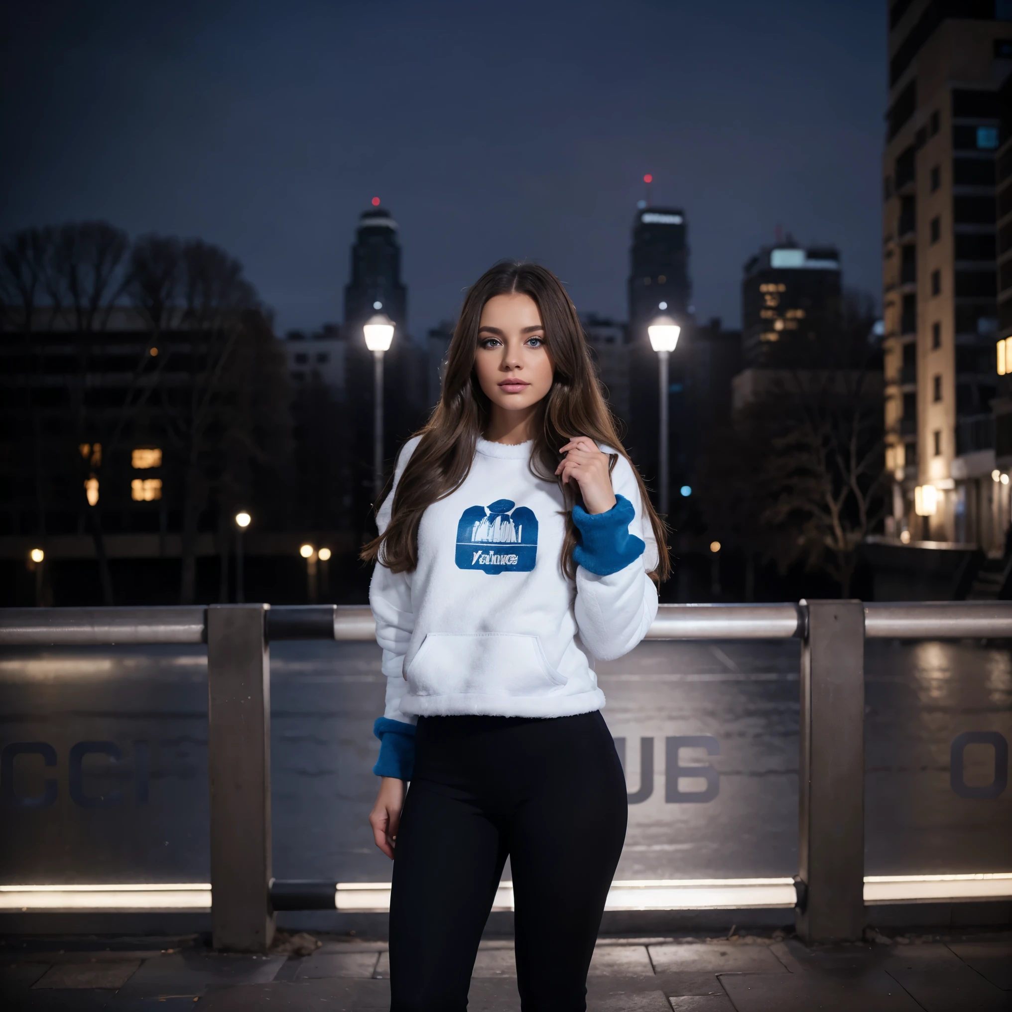 1woman, ombré brunette balayage hair, beautiful blue eyes, off-white sweatshirt, seamless black leggings, black leggings, fuzzy faux fur boots, ugg style boots, Ukraine night city background, full body portrait, raw photo.