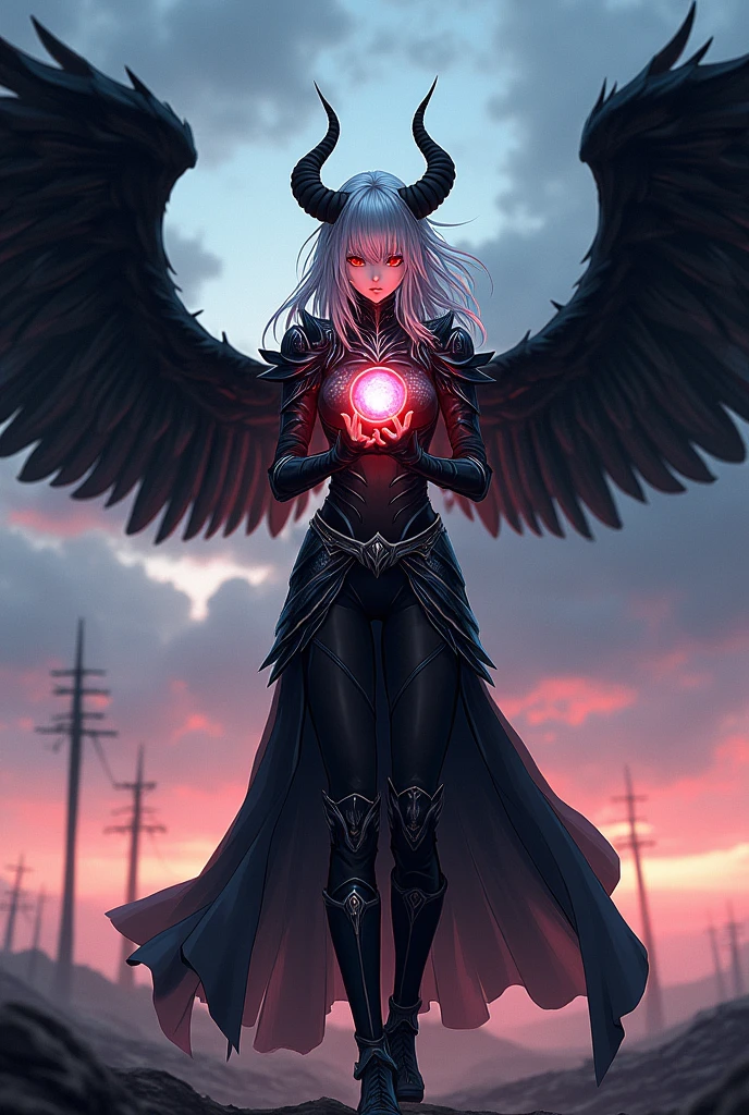 Eve stands in the center of a desolate field, her expression grim and determined. Her silver hair, once black, waves gently in the wind, reflecting the dusk light. Her red eyes shine brightly, filled with a contained anger and pain that has accompanied her since the destruction of her tribe. The black wings, which stretch majestically from her back, are partially open, ready to take her to the sky at any moment. The newly acquired horns, after overcoming Caladrius's judgment, curve menacingly above his head, accentuating his stern gaze. She wears black leather armor, fitted to her body, adorned with silver details, which shine with a cold, metallic tone. Reinforced boots and dark gloves complete his outfit, giving him an imposing and impenetrable appearance. In her hands, Eve conjures a sphere of magical energy, a mixture of light and dark that pulses with power, ready to be released. Her expression is a mix of intense concentration and dark satisfaction, especially as she prepares to unleash her attack on her approaching enemies, seeking revenge and justice for all she has lost. The sadistic smile that appears on her face as she contemplates the chaos she is about to cause reveals the pleasure she takes in every act of destruction, a trait born of suffering and the need to survive. In this  moment, Eve is about to execute a quick and decisive movement, throwing the energy sphere with all her strength. She tilts her body slightly forward, her wings begin to beat vigorously as the sphere grows, fueled by her anger and pain, ready to explode and consume everything in its path. Eve, with the fierce determination to become the new Demon Lord, is prepared to destroy anyone who opposes her.


Do it anime style