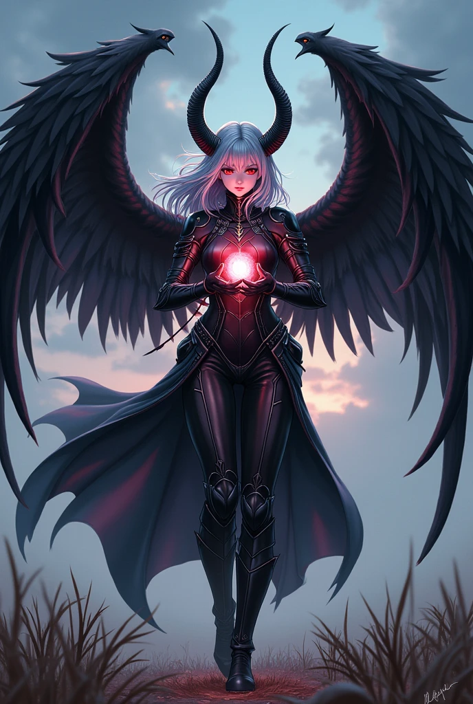 Eve stands in the center of a desolate field, her expression grim and determined. Her silver hair, once black, waves gently in the wind, reflecting the dusk light. Her red eyes shine brightly, filled with a contained anger and pain that has accompanied her since the destruction of her tribe. The black wings, which stretch majestically from her back, are partially open, ready to take her to the sky at any moment. The newly acquired horns, after overcoming Caladrius's judgment, curve menacingly above his head, accentuating his stern gaze. She wears black leather armor, fitted to her body, adorned with silver details, which shine with a cold, metallic tone. Reinforced boots and dark gloves complete his outfit, giving him an imposing and impenetrable appearance. In her hands, Eve conjures a sphere of magical energy, a mixture of light and dark that pulses with power, ready to be released. Her expression is a mix of intense concentration and dark satisfaction, especially as she prepares to unleash her attack on her approaching enemies, seeking revenge and justice for all she has lost. The sadistic smile that appears on her face as she contemplates the chaos she is about to cause reveals the pleasure she takes in every act of destruction, a trait born of suffering and the need to survive. In this moment, Eve is about to execute a quick and decisive movement, throwing the energy sphere with all her strength. She tilts her body slightly forward, her wings begin to beat vigorously as the sphere grows, fueled by her anger and pain, ready to explode and consume everything in its path. Eve, with the fierce determination to become the new Demon Lord, is prepared to destroy anyone who opposes her.
Do it anime style