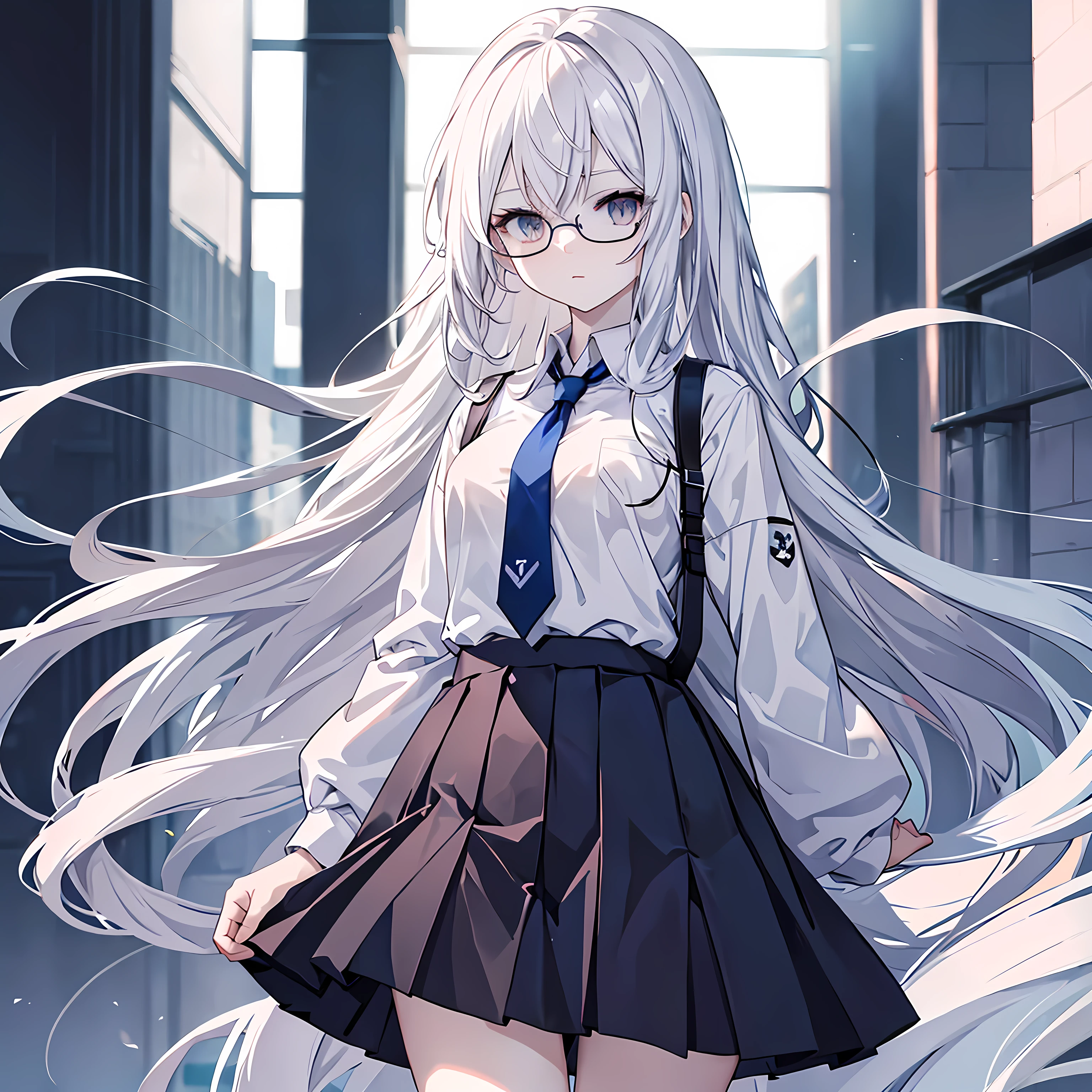 (Masterpiece) (Anime Girl, 1girl) (Detailed) She has a Pale And Flawless Skin, She has a Long White Hair, Blue-ish Eyes, For her outfit she wear a School Uniform which a White Shirt,Dark Blue Tie, School Uniform and a Black Short Skirt and a Glasses.