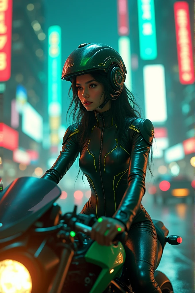 Maximum image quality, outstanding details, ultra high resolution, (Realism: 1.4), the best illustration, favor details, 1 very condensed girl, with a delicate and beautiful face, dressed in a black and green wick, wearing a mecha helmet, holding a directional controller, ride a motorcycle, the background is a high-tech lighting scene of the city of the future.