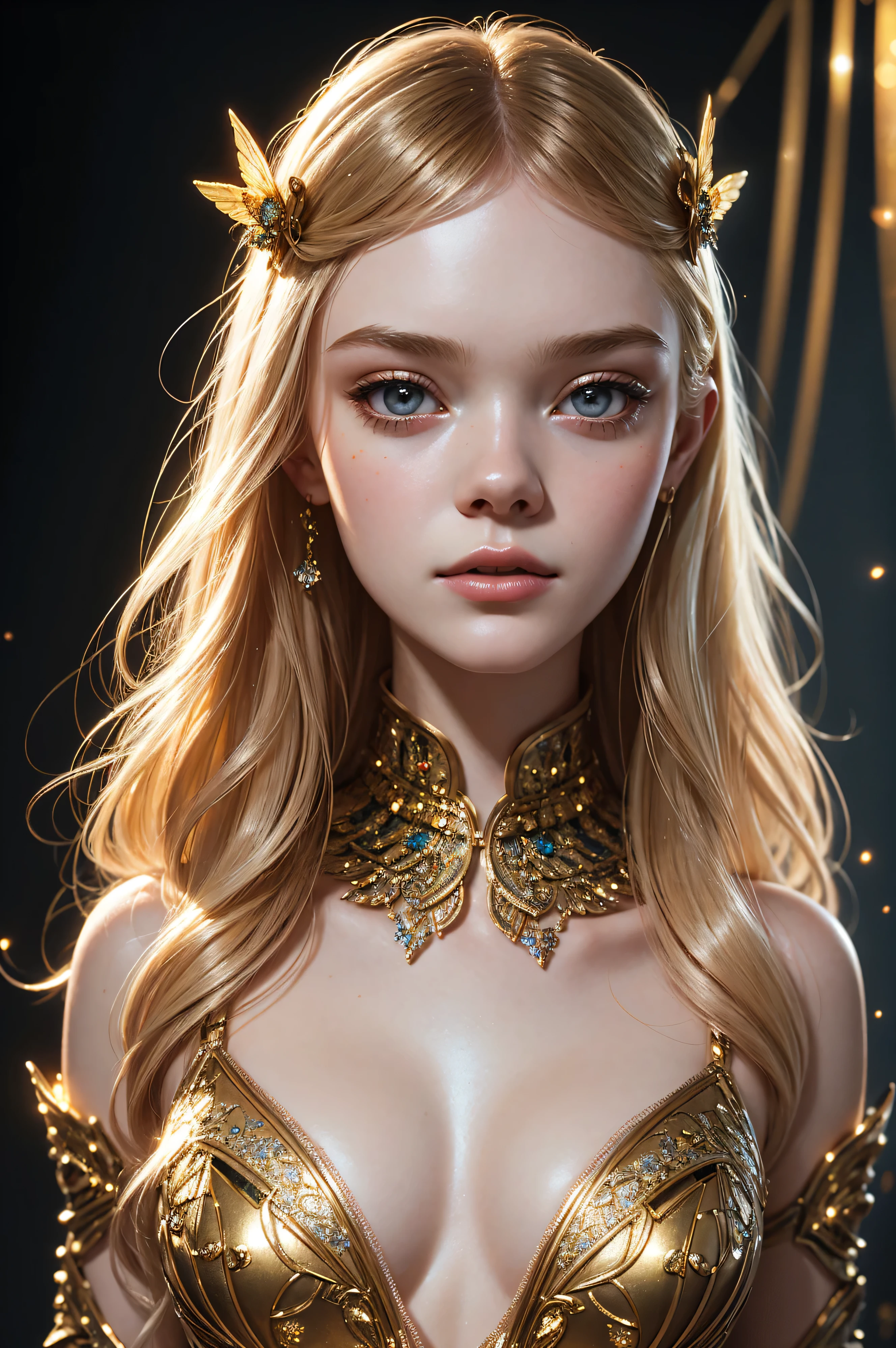 portrait Elle Fanning, wearing sexy bee lingerie, against the background of a beehive, 2 0 3 0 s, wavy hair, intricate, elegant, highly detailed, digital painting, artstation, concept art, smooth, sharp focus, illustration, art by thomas kindkade, charlie bowater, artgerm, greg rutkowski, alphonse mucha and alexandra fomina, 36k, glittering, shining