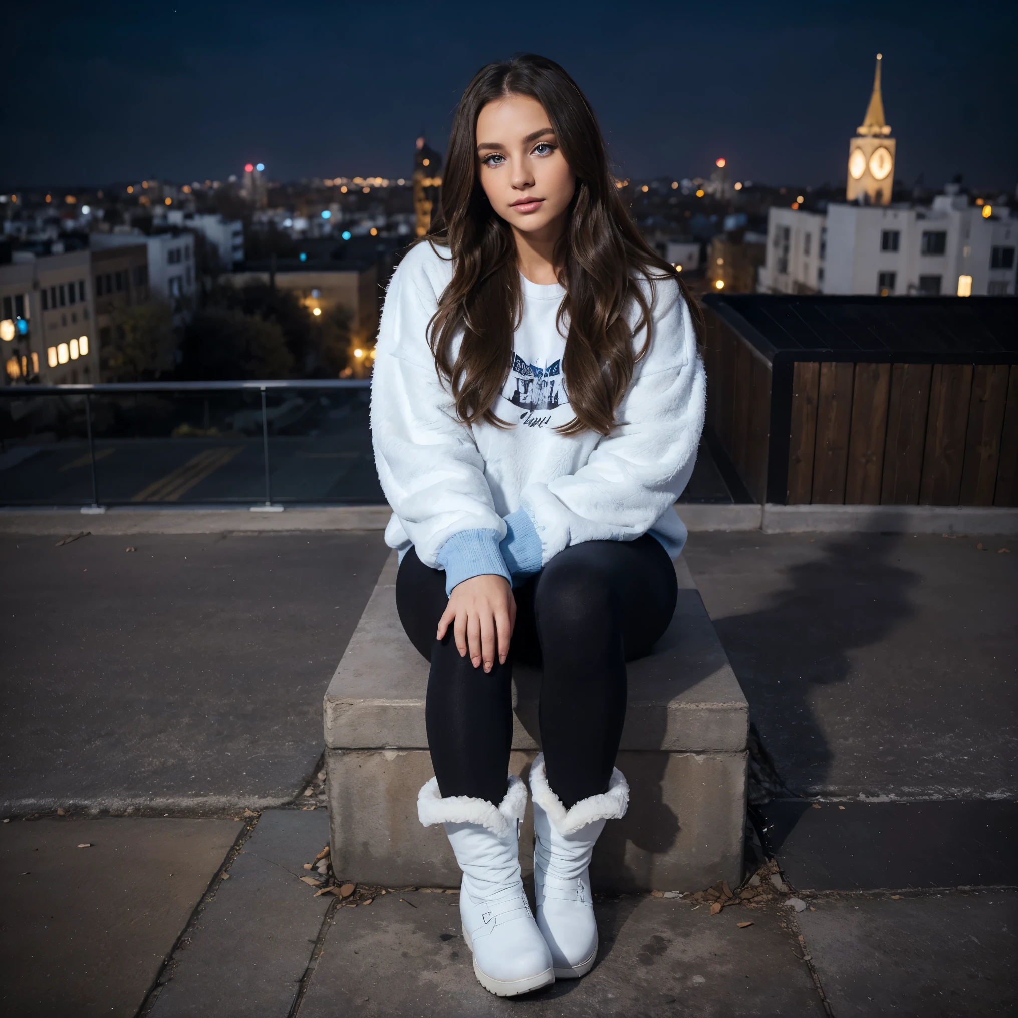 1woman, ombré brunette balayage hair, beautiful blue eyes, off-white sweatshirt, seamless black leggings, black leggings, fuzzy faux fur boots, ugg style boots, Ukraine night city background, full body portrait, raw photo.