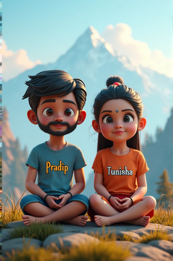 Create a 3D image of 2 nepali Beard boy and 20 years old nepali devotional girl , Who is sitting next to Krishna ji and Kristen ji playing the flute, they both sit together on the mountain boy wearing T-shirt name Pradip written on it and girl wearing T-shirt name Tunisha written on it, haven like beautiful view background, 4 peacock dancing, realistic image and boy and girl is in barefoot 