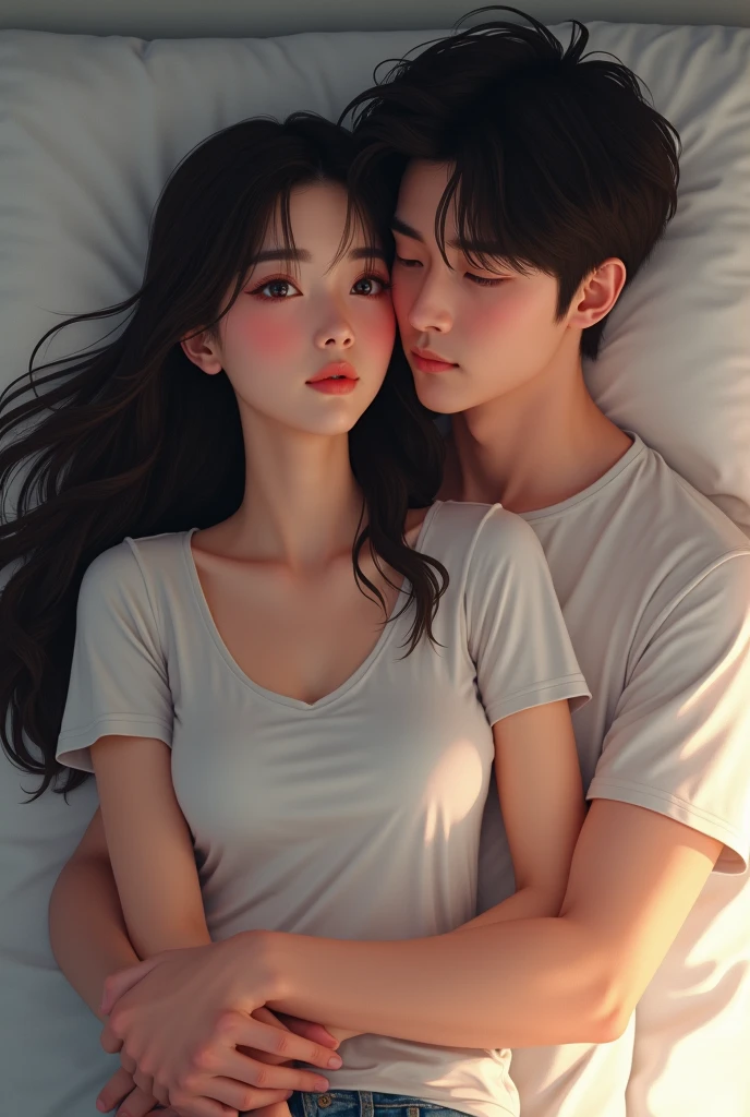 The woman faces forward、A man is hugging from behind,In bed,The woman has long hair,The woman is wearing a T-shirt,men are20Old Japanese,men areTシャツを着ている,2人ともIn bedで横になっている,Beautiful eyes,Fine skin