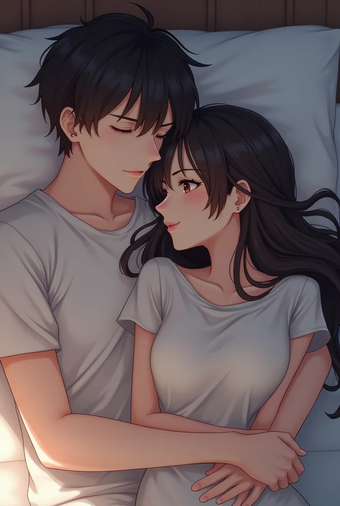 The woman faces forward、A man is hugging from behind,In bed,The woman has long hair,The woman is wearing a T-shirt,men are20Old Japanese,men areTシャツを着ている,2人ともIn bedで横になっている,Beautiful eyes,Fine skin