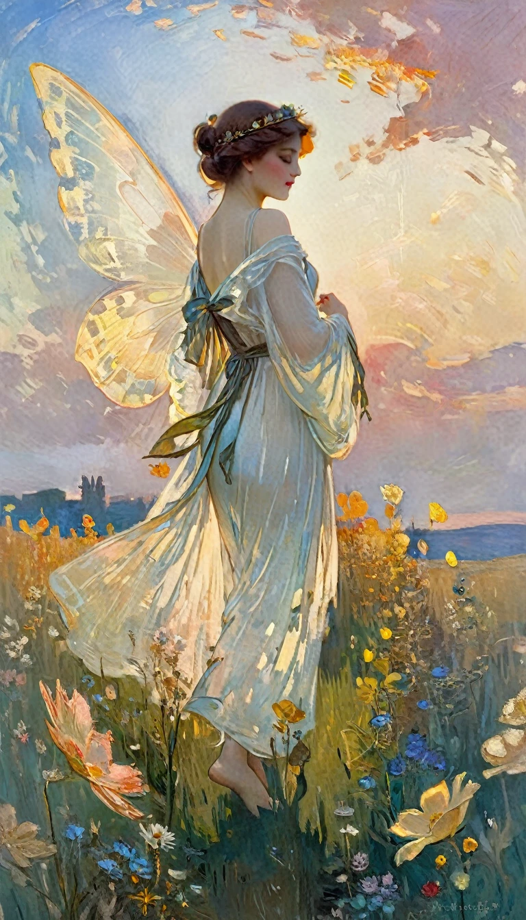 Dressed in a luxurious dress、A beautiful and elegant fairy、Wearing colorful translucent wings、Standing in a flowering meadow。, Glow worms, (Arkan Nayle:1.4), (Written by William Turner:1.2), (Claude Monet:1.2), (Henry Asensio:1.1), (Edgar Degas:1.1), (Pierre-Auguste Renoir:1.1), (By Gustav Klimt:1.1), (Alphonse Mucha:1.1), Art Nouveau, Golden Hour, Front lighting, Side lighting, amazing, dramatic, dynamic, Mythical, Legendary, Mysterious, dream-like, movieのような写実的な, 8K UHD Natural Light, born, rich, Intricate details, Key Visual, Atmospheric lighting, 35mm Photography, movie, Bokeh, Professional, 4K, Very detailed