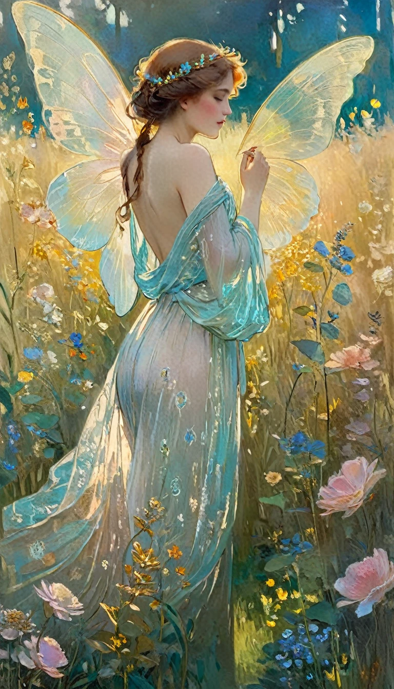 Dressed in a luxurious dress、A beautiful and elegant fairy、Wearing colorful translucent wings、Standing in a flowering meadow。, Glow worms, (Arkan Nayle:1.4), (Written by William Turner:1.2), (Claude Monet:1.2), (Henry Asensio:1.1), (Edgar Degas:1.1), (Pierre-Auguste Renoir:1.1), (By Gustav Klimt:1.1), (Alphonse Mucha:1.1), Art Nouveau, Golden Hour, Front lighting, Side lighting, amazing, dramatic, dynamic, Mythical, Legendary, Mysterious, dream-like, movieのような写実的な, 8K UHD Natural Light, born, rich, Intricate details, Key Visual, Atmospheric lighting, 35mm Photography, movie, Bokeh, Professional, 4K, Very detailed