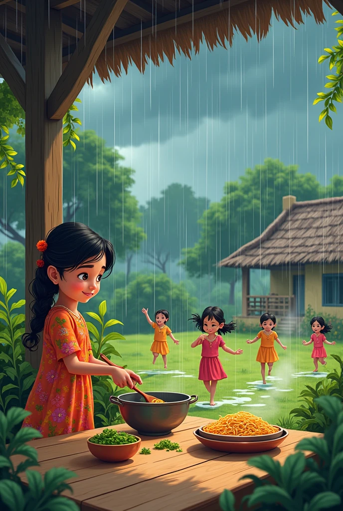 Illustrate .Scene 2: Meena Cooking MaggiSetting: A cozy covered spot in the village where Meena a girl dressed in a frock On the day of the dance, Meena picked fresh mint, coriander, and green chilies from her garden. As she prepared, dark clouds filled the sky, and the rain started to fall. The children, wearing their bright clothes, ran outside and started dancing in the rain. They jumped in puddles, spun around, and laughed with joy.
. The top view from distance of the whole garden
Anime
cartoon digital illustration