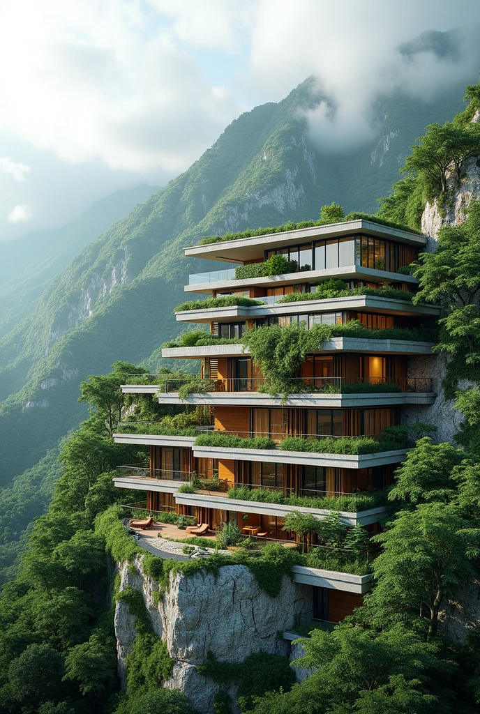 an exterior design of a sustainable hotel with features of solar panels, green roofs, vertical garden, resilient in landslides, water conservation system and rainwater harvesting, green concrete, grasscrete, energy efficient lightings, and zoomed in to showcase the details of the sustainable building for a hotel.