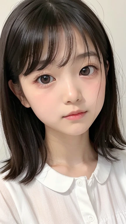  Japanese child, round face, double eyelids and large slanted eyes, shoulder length hair, white blouse, plain white background, no makeup