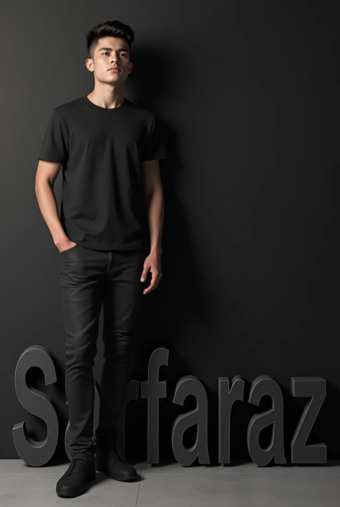realistic 18year old cute stylish attitude boy standing with big real 3D “SARFARAZ” protait name letter side and face down. boy wearing black full t-shirt and black jeans, black shoes, watch stylish hair, The background black wall should ensure that the name is not misspelled