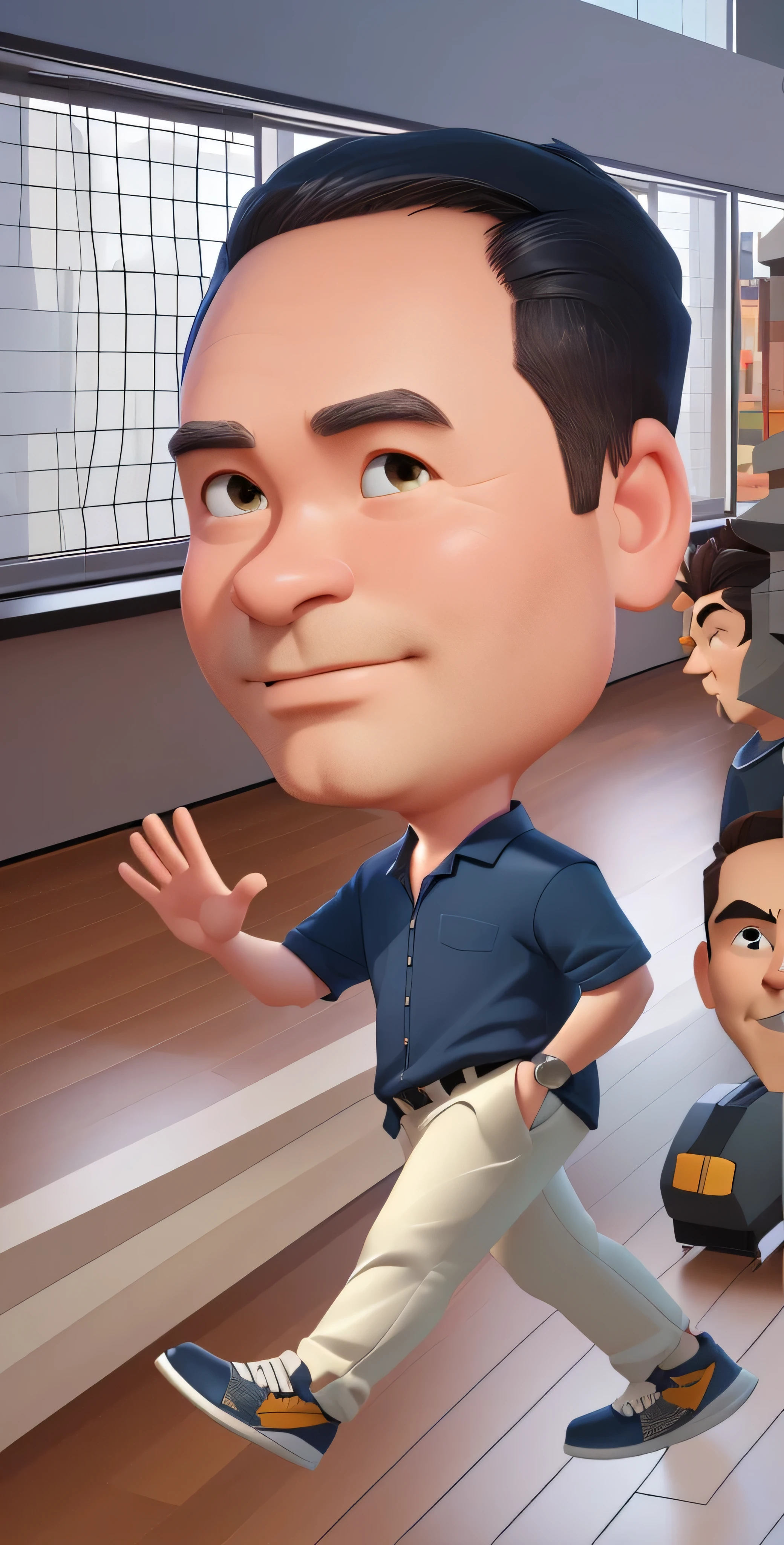 3D cartoon caricature, big head, a man is walking, wearing a dark blue shirt and bright cream pants, waving his hand, 3D render, 3D Cartoon, big head, cartoonish look, high resolution, super detail, soft lighting