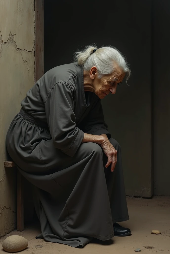 Draw me a grandmother with her back bent in sorrow.
