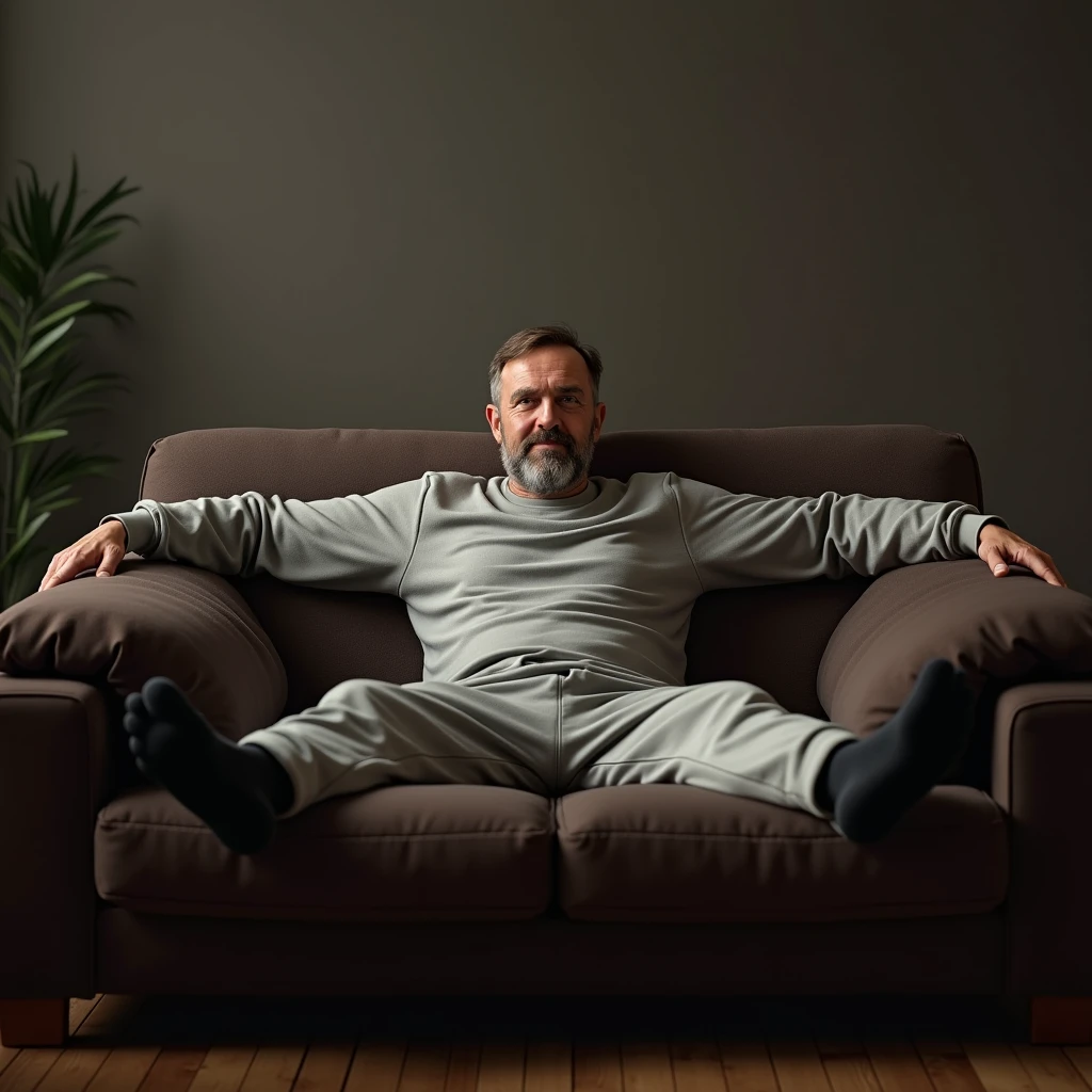 average middle aged Finnish man, sitting on a dark brown couch with feet on the floor and open thighs, spread out arms in a relaxed position on the backrest, slightly embarrassed soft smile, short brown hair with Turkish style haircut, short chinstrap beard, wearing light gray sweatpants and a sweatshirt with black socks