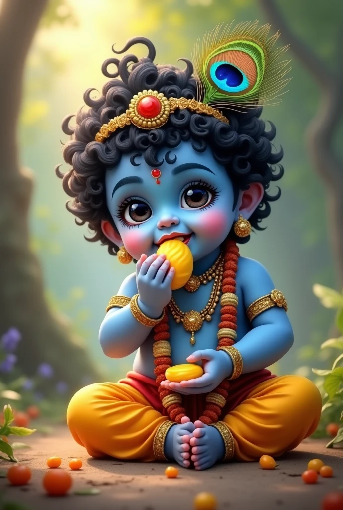 Cute laddu gopal eat makhan blue body
Krishna childhood with peacock feather in head band