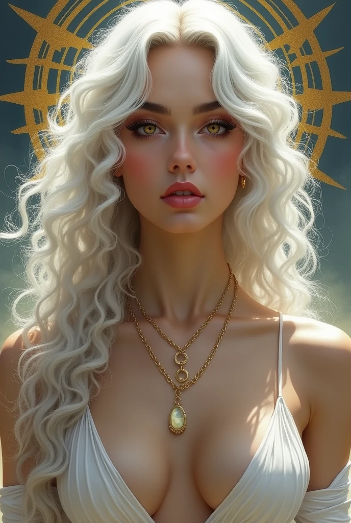 Create a portrait of Gabriels, an androgynous and ethereal figure. He has long, platinum curly hair that flows elegantly. His body is toned and sleek, with no emphasis on traditionally feminine features. His skin is silky smooth, and his striking gold eyes are intense and captivating. Include a beauty mark on the right side, just below his lip. Ensure that the overall appearance maintains a balanced, regal, and graceful demeanor without highlighting cleavage. The background should reflect a celestial or divine setting to enhance his otherworldly presence.