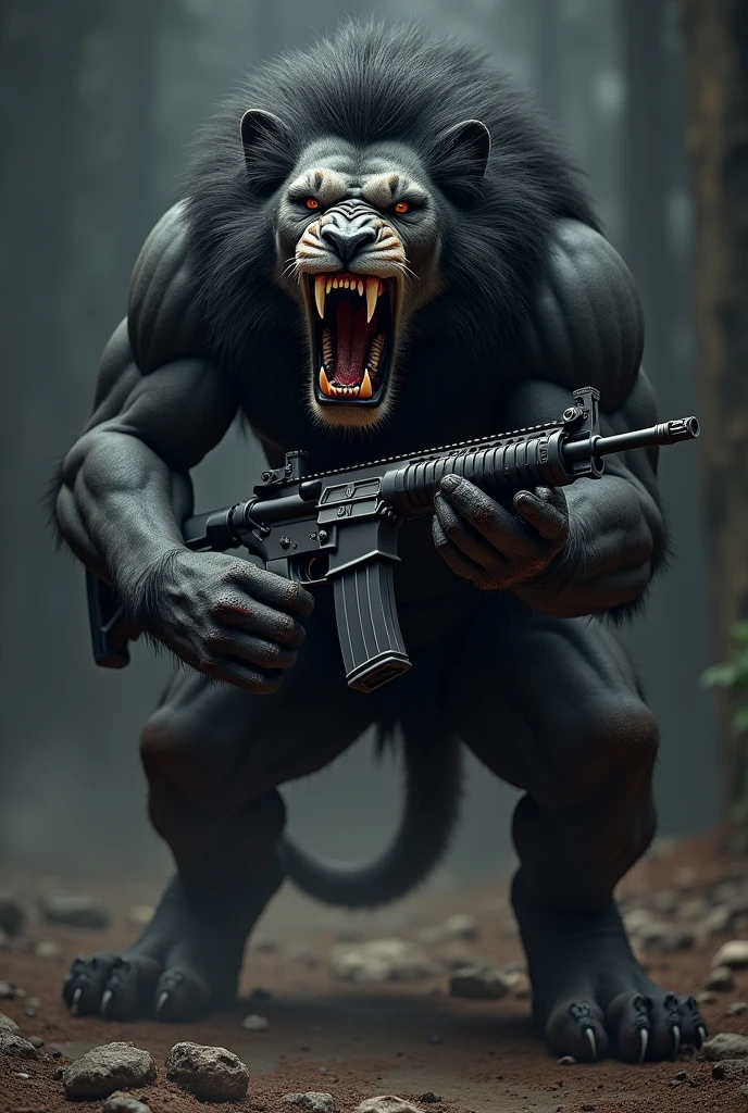 a black lion with angry bloody face a m4 gun in his hand