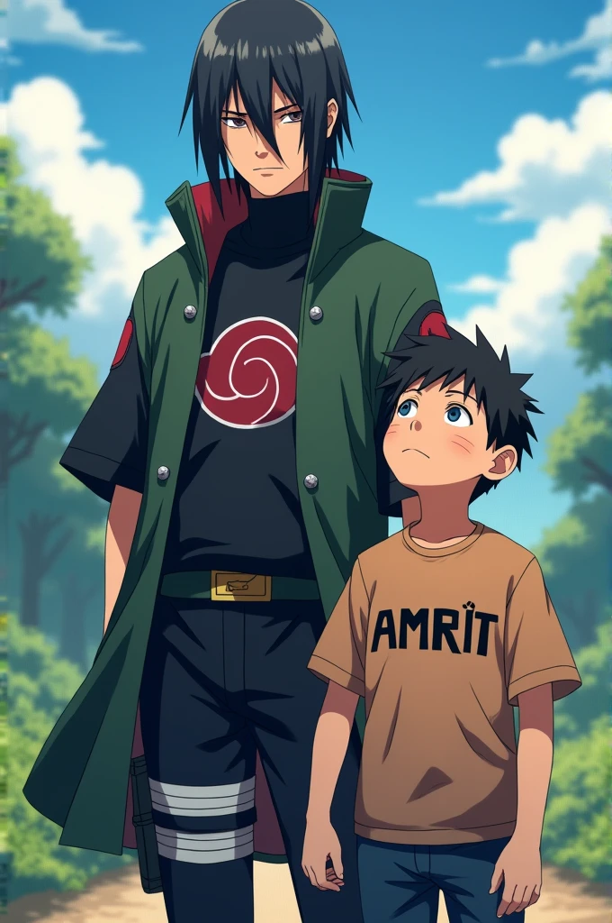 Naruto anime character itachi uchicha with a boy and boy wear a t shirt and boy t shirt name is Amrit