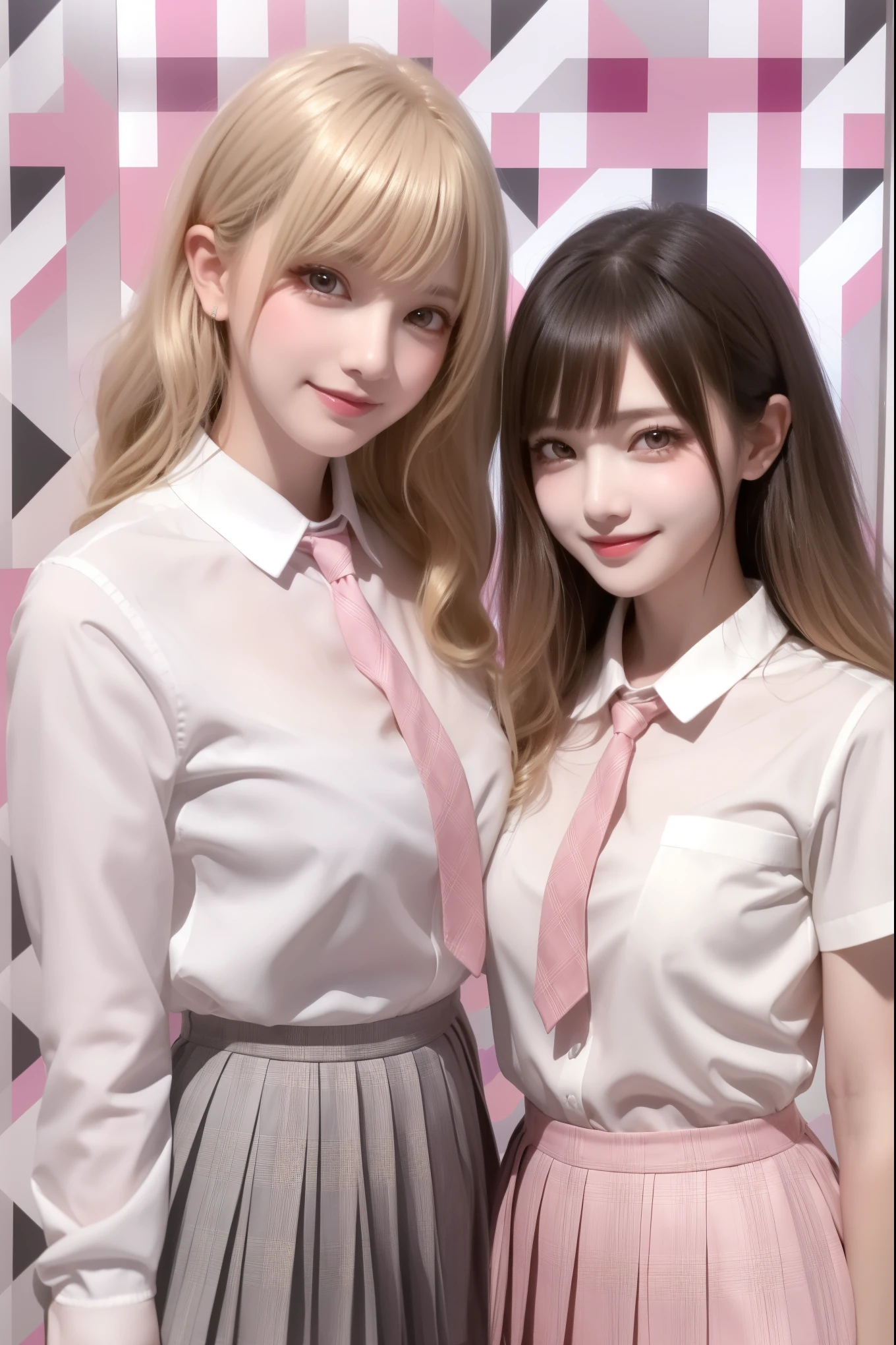 ((from front)),high resolution,smile,happy,light smile,2 women,adult,
自撮りで2 women,
((two girl females)), ((jaw piece)), Clear,cute,
blunt bangs,ash blonde hair, wavy hair, long hair ,BREAK,
Gray Eyes,Sparkling Eyes,BREAK,
high school girl,uniform,
White shirt,Pink checkered pleated skirt,BREAK,
((Pink cafe background)),