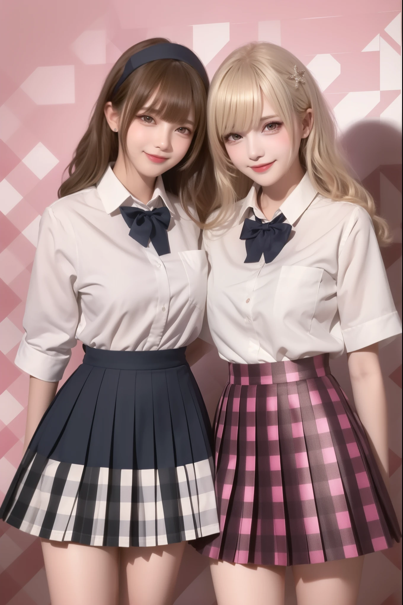 ((from front)),high resolution,smile,happy,light smile,2 women,adult,
自撮りで2 women,
((two girl females)), ((jaw piece)), Clear,cute,
blunt bangs,ash blonde hair, wavy hair, long hair ,BREAK,
Gray Eyes,Sparkling Eyes,BREAK,
high school girl,uniform,
White shirt,Pink checkered pleated skirt,BREAK,
((Pink cafe background)),